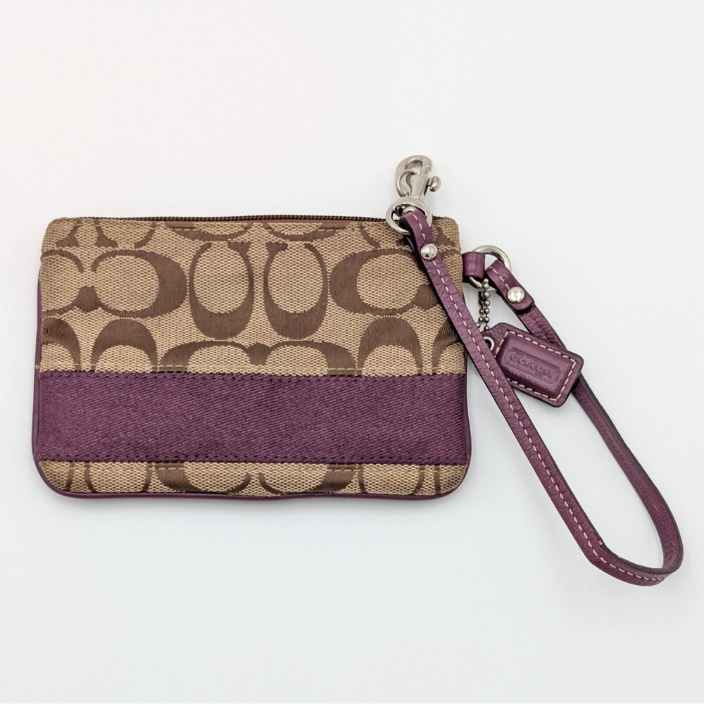 Coach Signature Stripe Wristlet Plum Purple Trim Brown Monogram Canvas Y2K